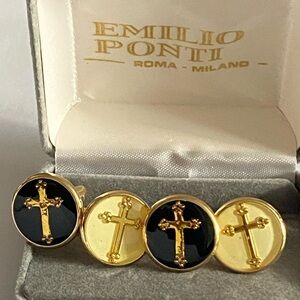 Emilio Ponti Roma Milano Gold and Black Budded Cross 2 Set of Cufflinks In Box
